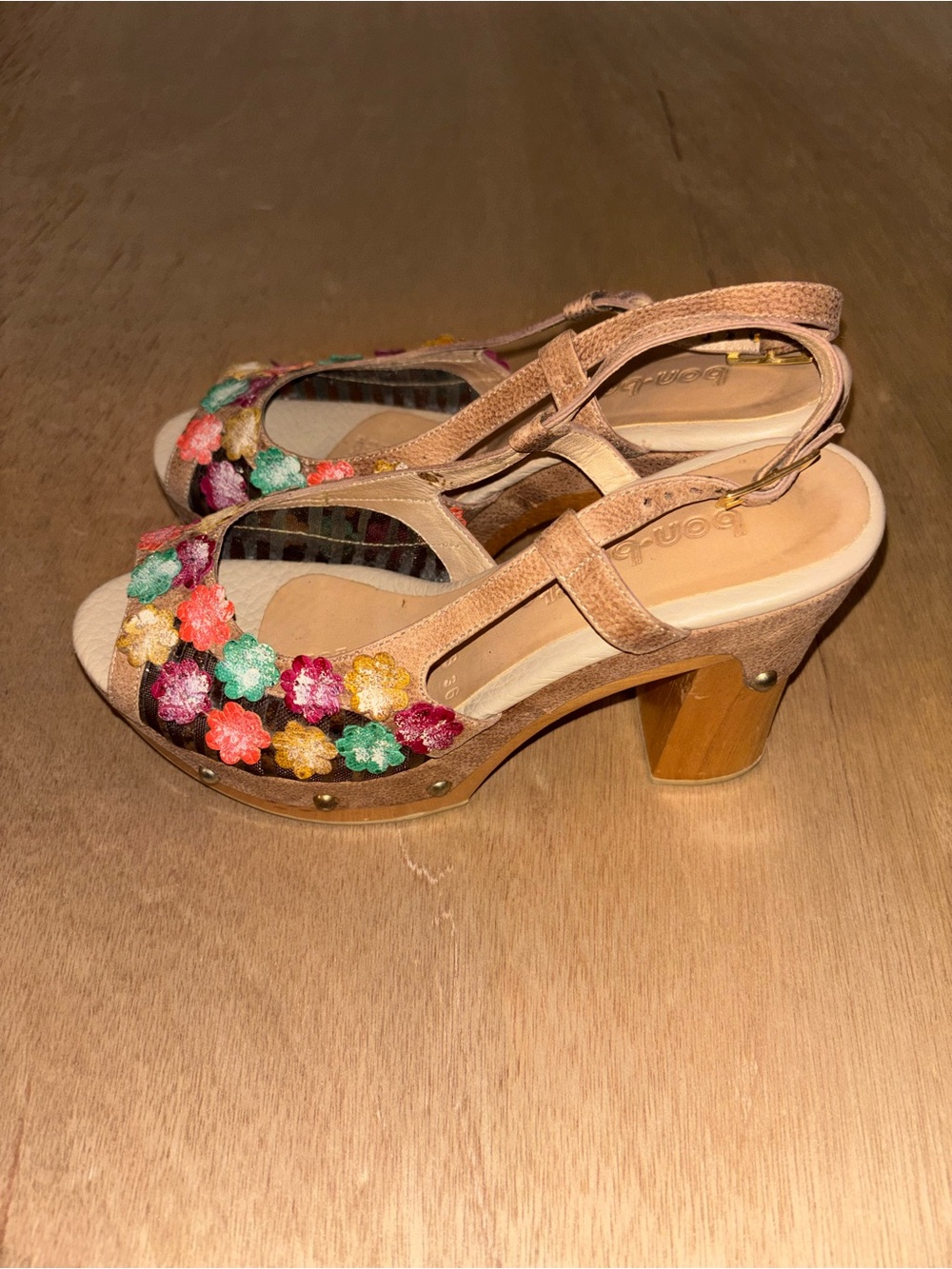Bon-Bonite Floral Leather Wood Heel Sandals EU 36 Y2K Boho